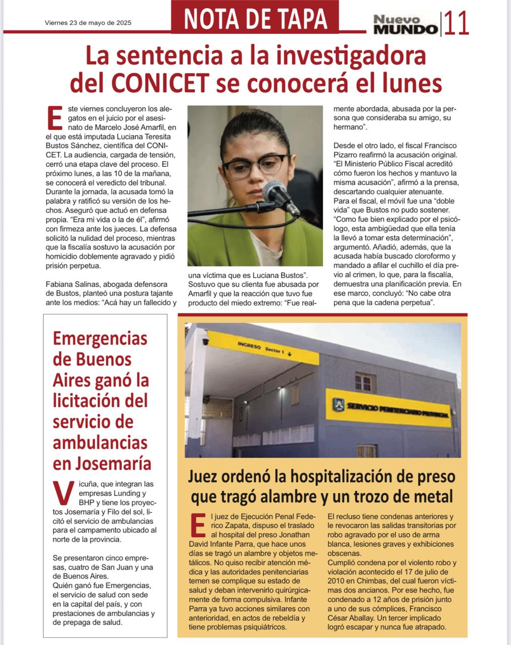 La adjudicación del servicio de ambulancias, a favor de "Emergencias de Buenos Aires" fue nota de tapa del diario Nuevo Mundo