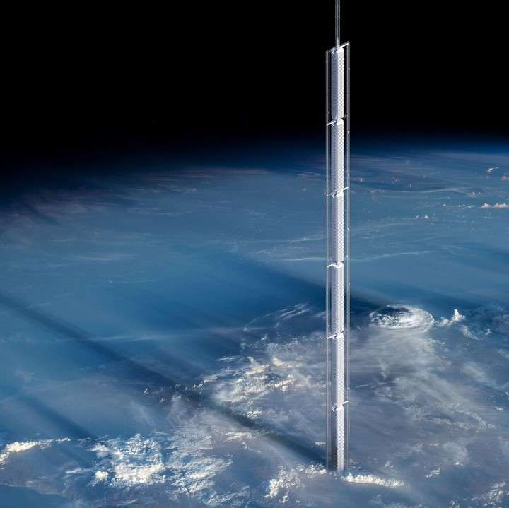 Imagen de cómo sería el proyecto Analemma Tower, el rascacielos diseñado para ser colgado de un asteroide. 