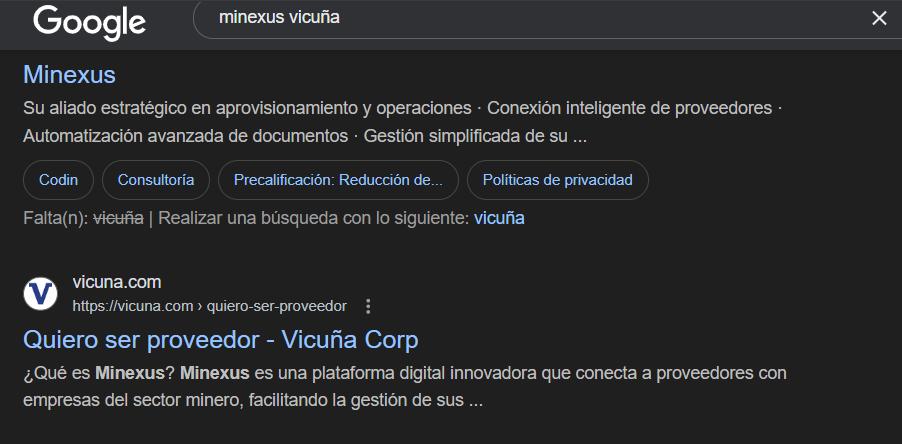 Esto pasa al buscar en google Minexus- Vicuña