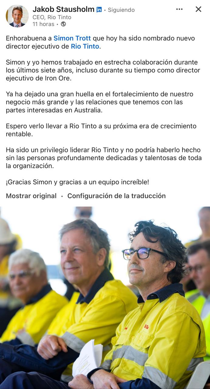 Jakob Stausholm, actual CEO de Rio Tinto, apoyo en sus redes sociales a su futuro sustituto, demostrando una vez mas su carisma y liderazgo 