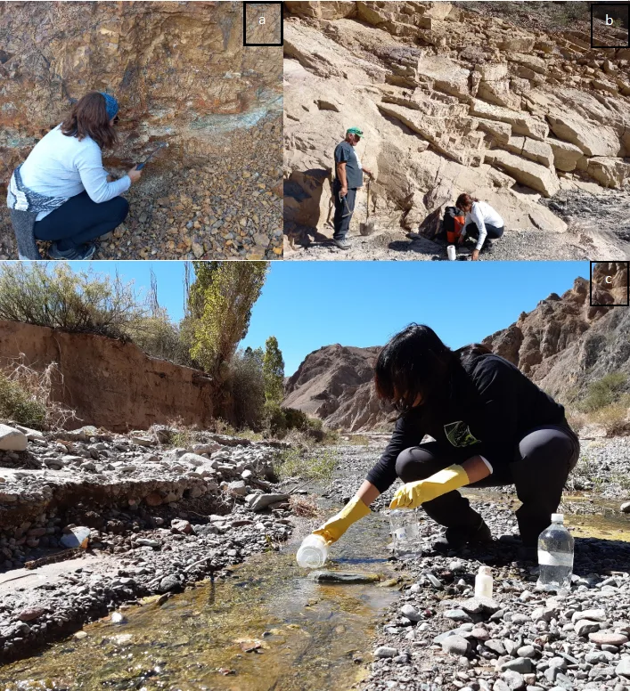  Científicos tomando muestras de mineral, sedimentos y agua en una zona minera para el estudio de pasivos ambientales