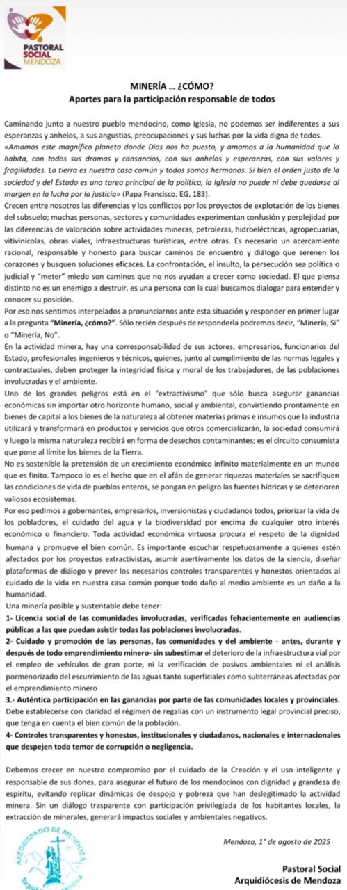 La Pastoral Social emitió un fuerte mensaje en el marco de la audiencia pública por el proyecto minero San Jorge. No se opone a la actividad, pero advierte sobre los riesgos y que no sea "a cualquier precio".