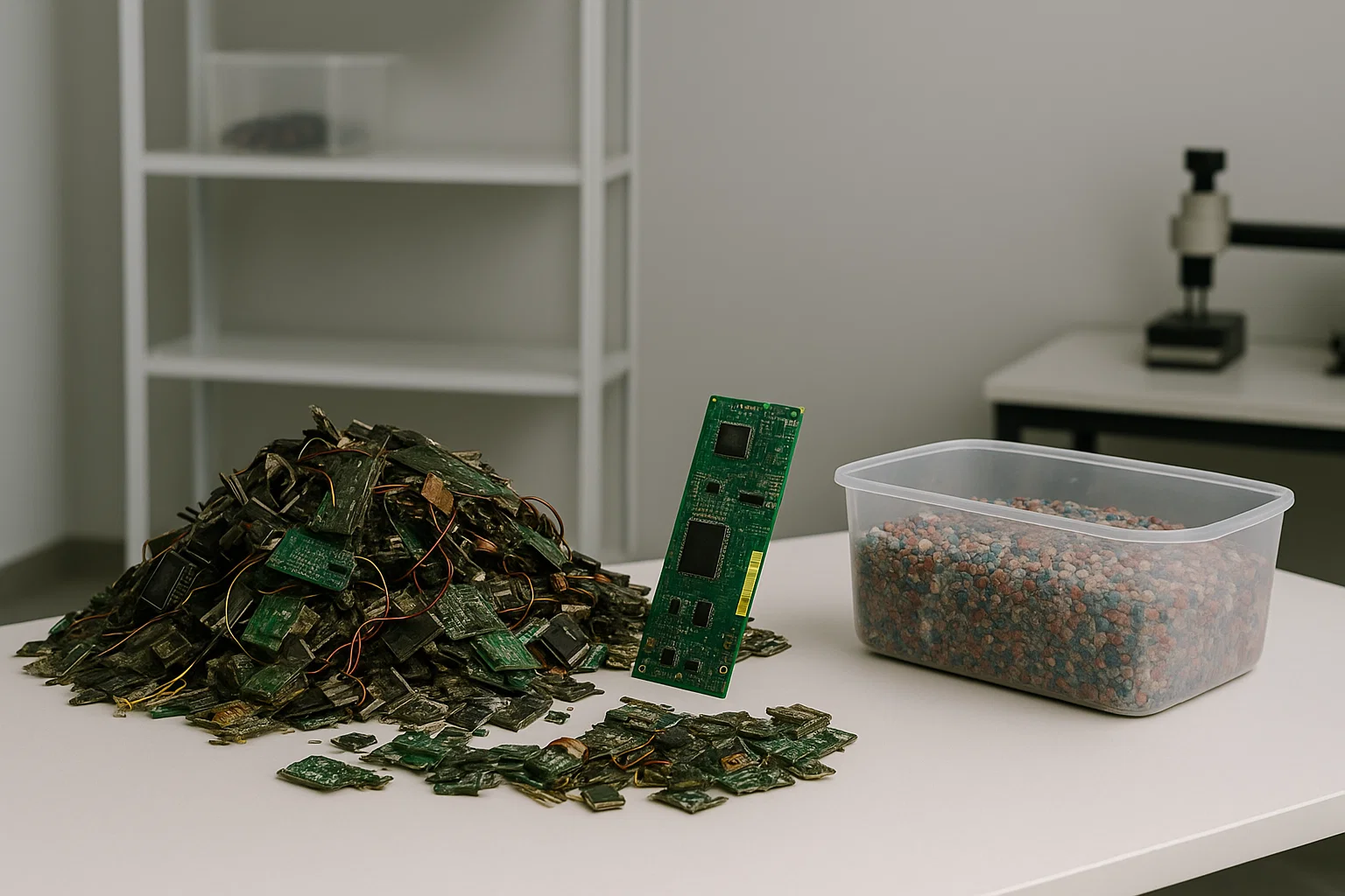 Batería de teléfono móvil y otros componentes electrónicos, simbolizando residuos con metales valiosos para reciclaje.