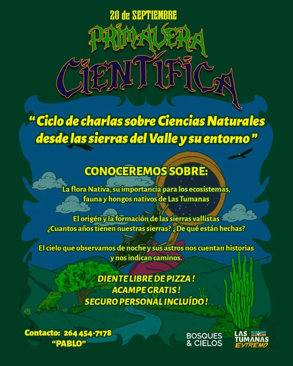 Afiche del evento "Primavera Científica" en Las Tumanas, Valle Fértil.