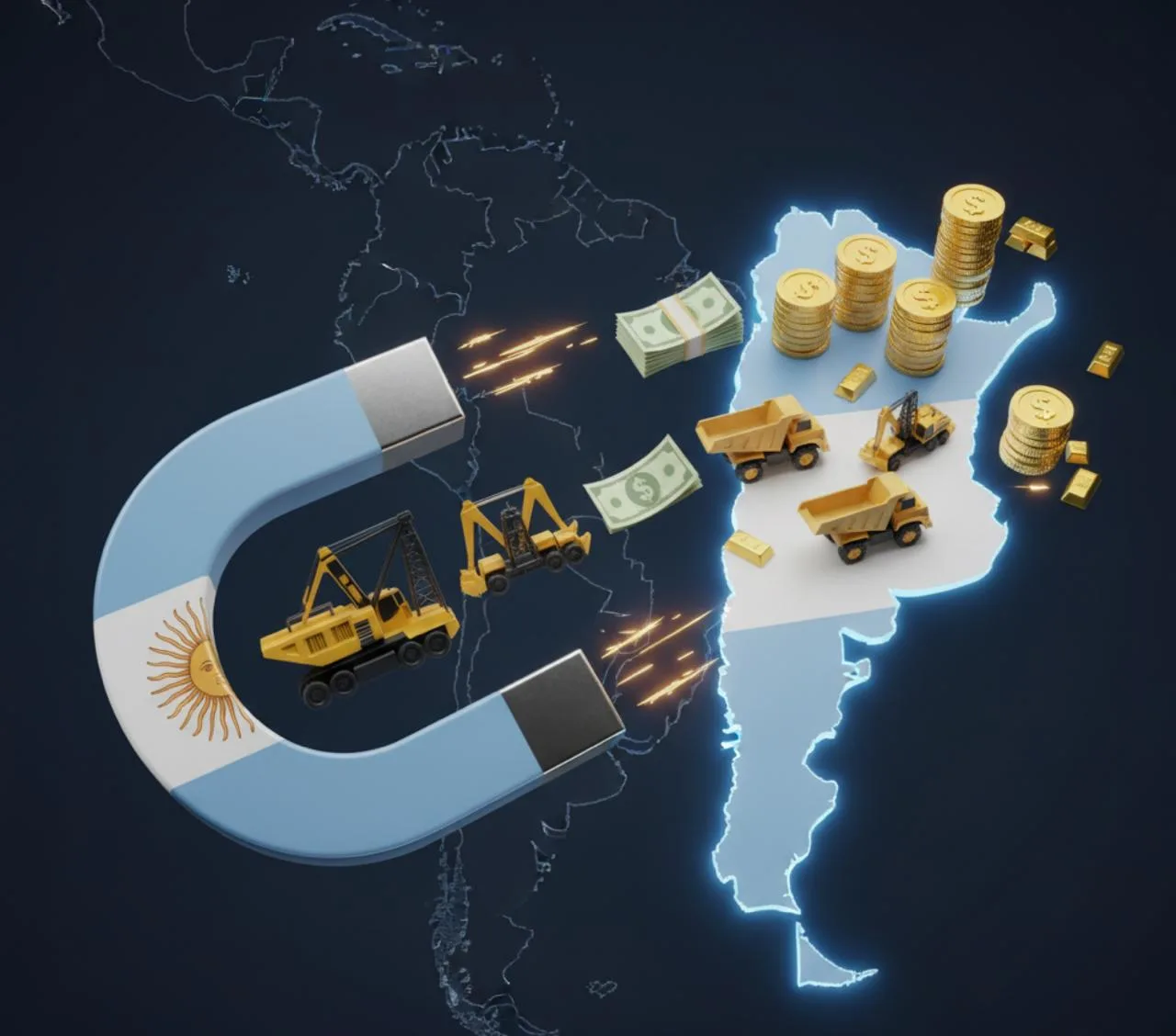 Imagen simbólica de Argentina y un imán atrapando recursos 