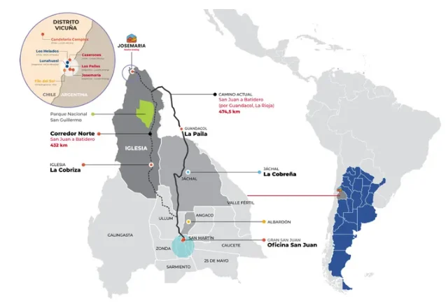 Mapa del trazado del Corredor Norte en relación con el Parque Nacional San Guillermo.