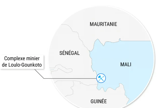 Mapa de la planta de procesamiento de la mina Loulo-Gounkoto en Mali, África.
