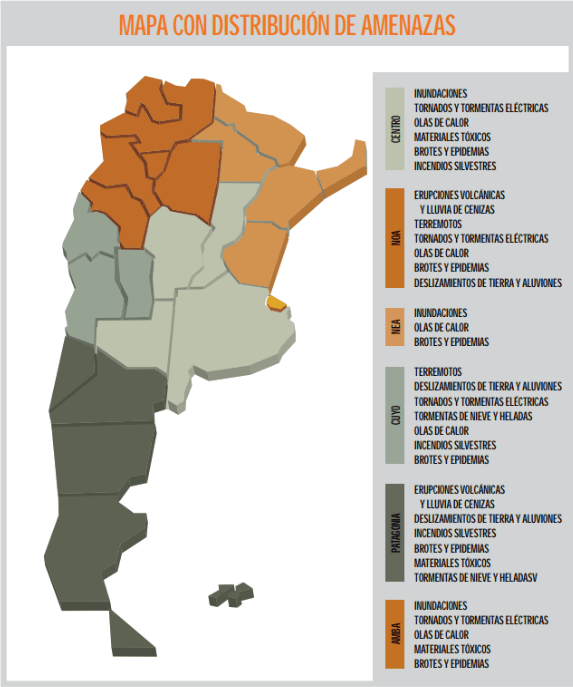  Mapa de Argentina que muestra la distribución de amenazas naturales en las diferentes provincias.