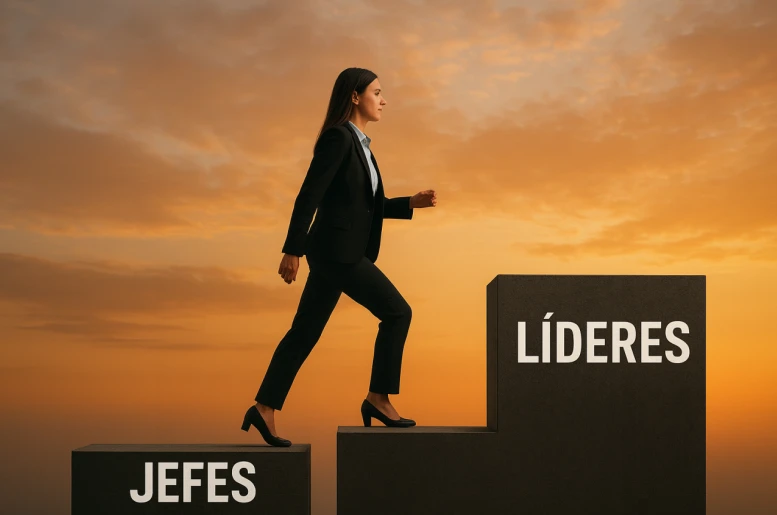 Imagen de una mujer subiendo una escalera con palabras jefe y líderes, representando el ascenso