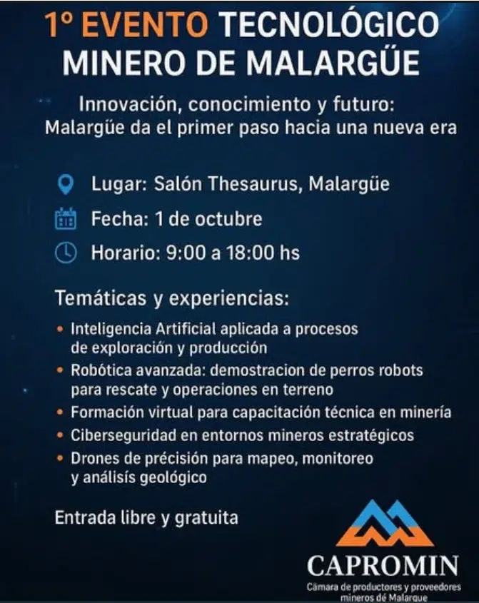 Flyer del Primer Evento Tecnológico Minero en Malargüe con fecha, lugar y organizadores.