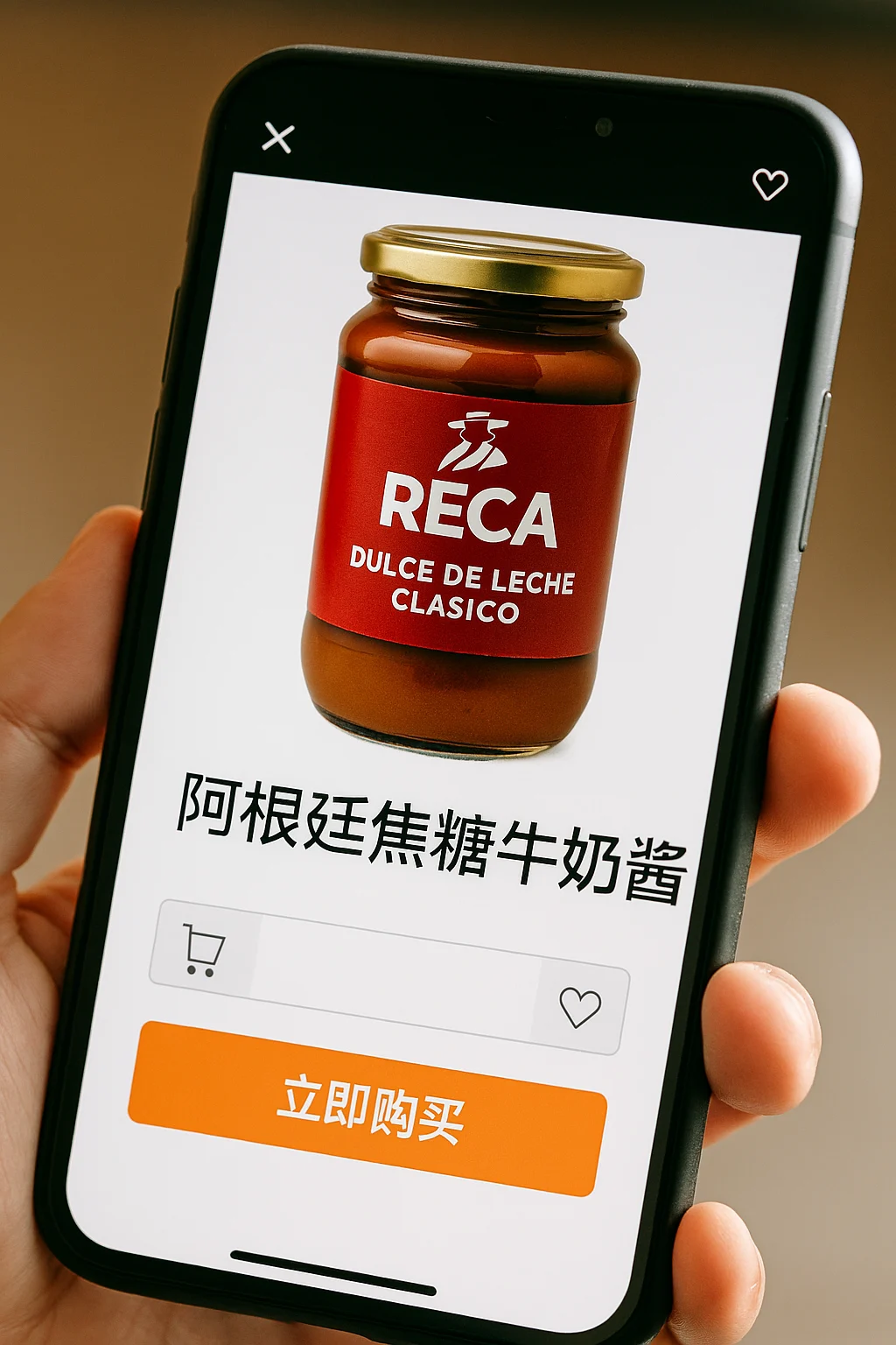 Imagen mostrando un producto argentino siendo comprado a través de una aplicación de comercio electrónico en un smartphone con símbolos chinos.