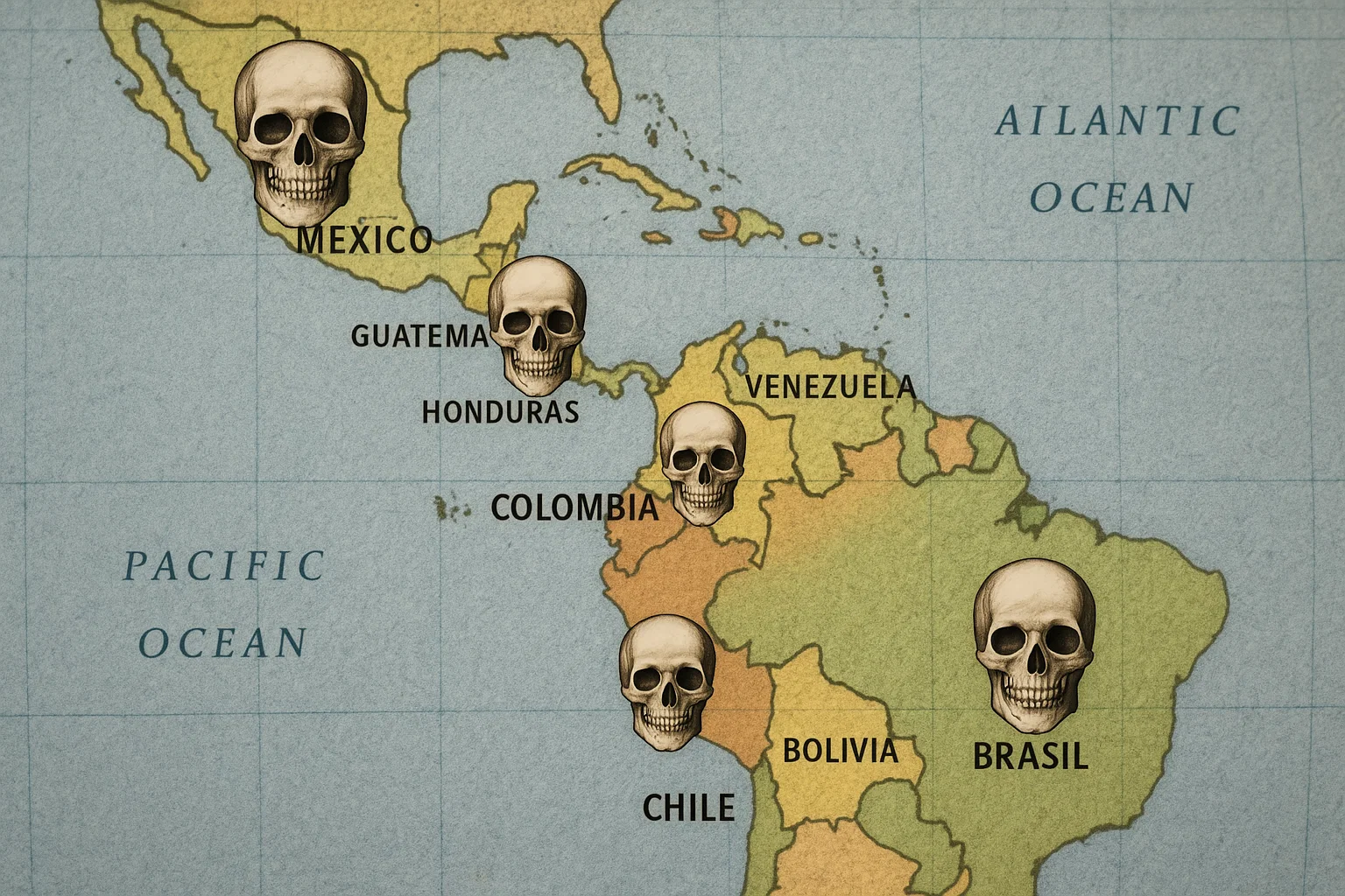 Mapa de América Latina resaltando Colombia, Guatemala, México y Brasil por alta violencia contra defensores ambientales
