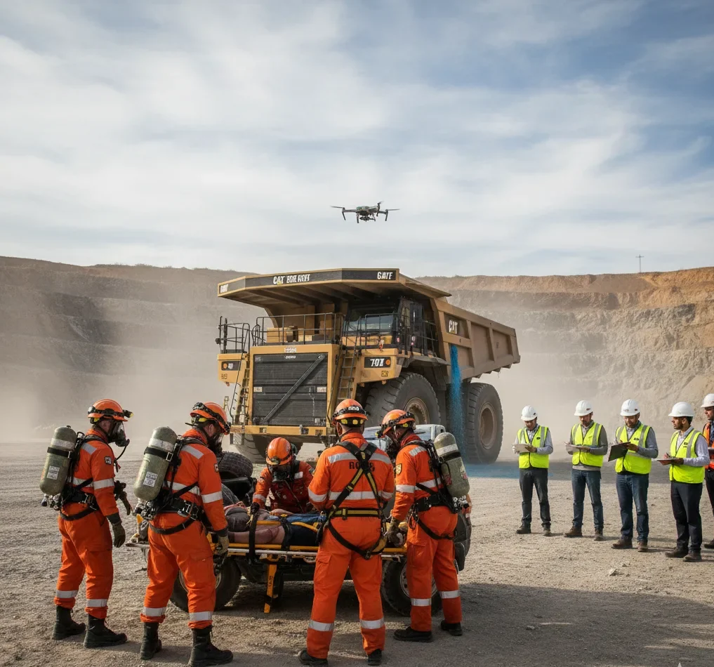 Personal de una mina participando en un simulacro de respuesta a emergencias, siguiendo protocolos de seguridad y comunicación.