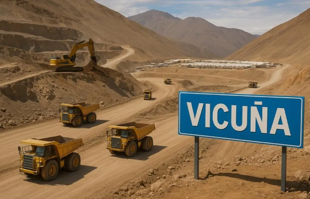 Entorno minero con vehículos trabajando y un cartel de Vicuña