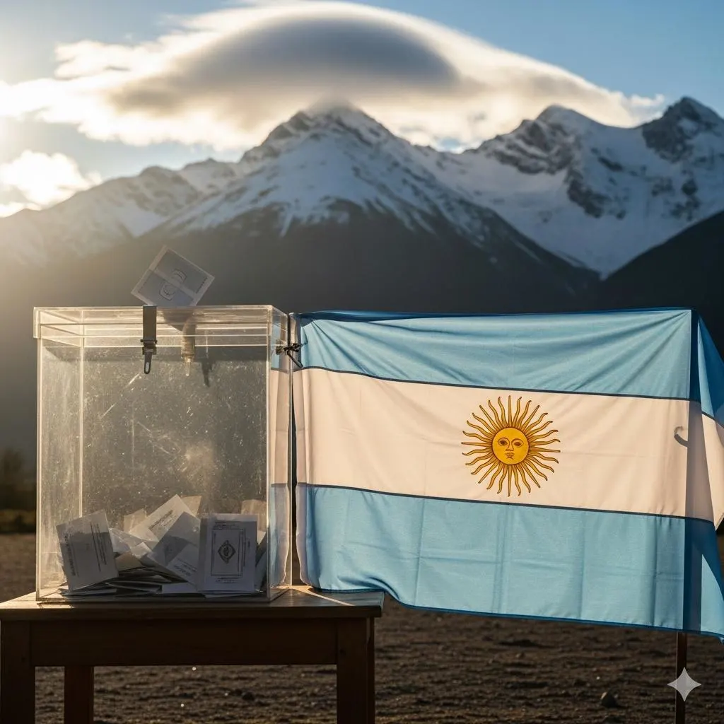 Urna electoral con la Cordillera de los Andes de fondo, simbolizando cómo el clima electoral intensifica el debate minero en San Juan.