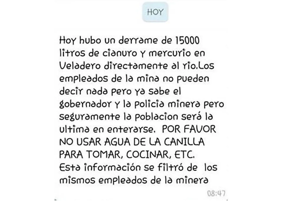 Captura de pantalla de un mensaje de WhatsApp alertando a los vecinos de Jáchal sobre el derrame de cianuro en la mina Veladero.