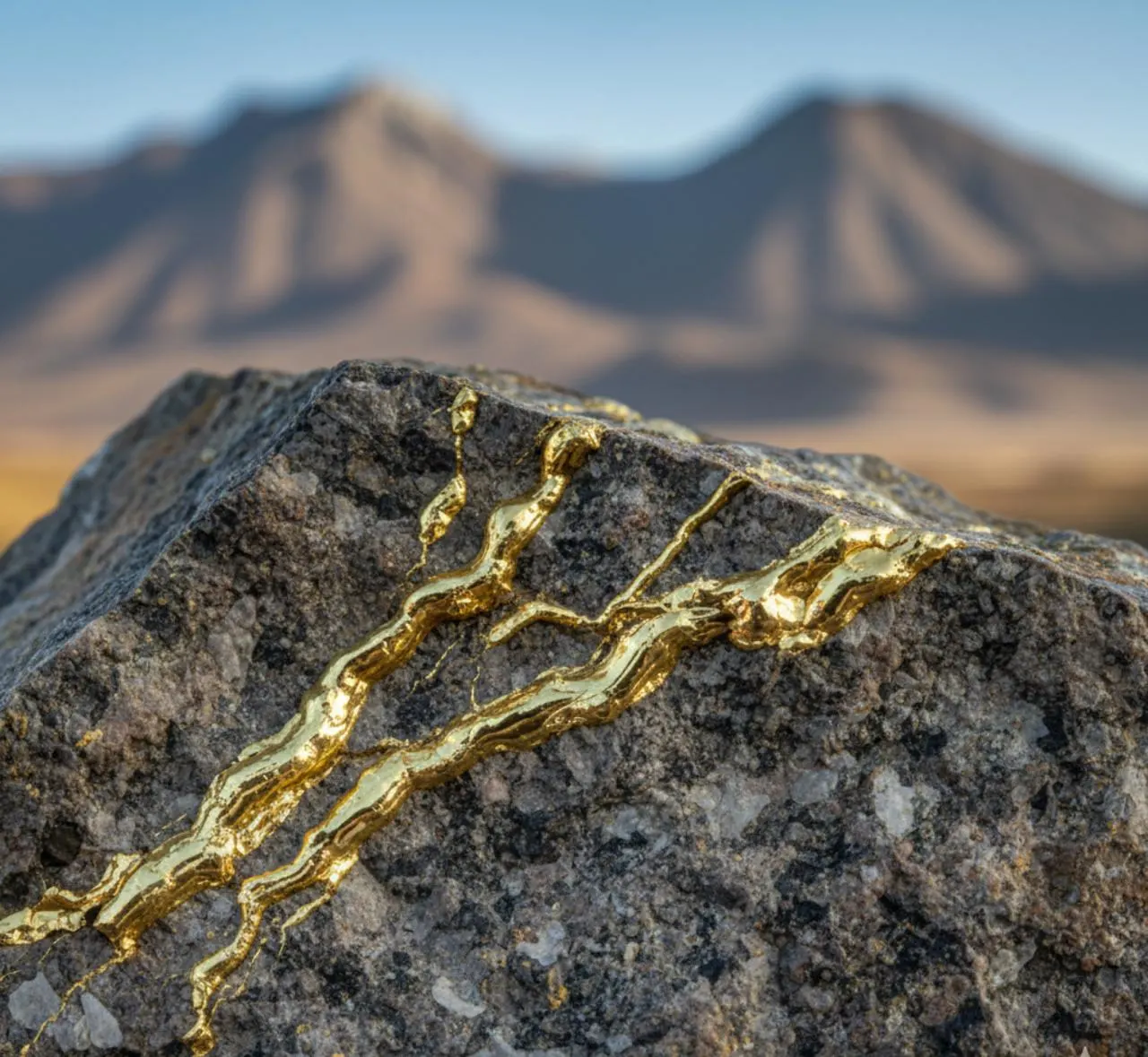 Primer plano de una roca gris con vetas prominentes y brillantes de oro. Al fondo, se ven montañas borrosas bajo un cielo despejado.
