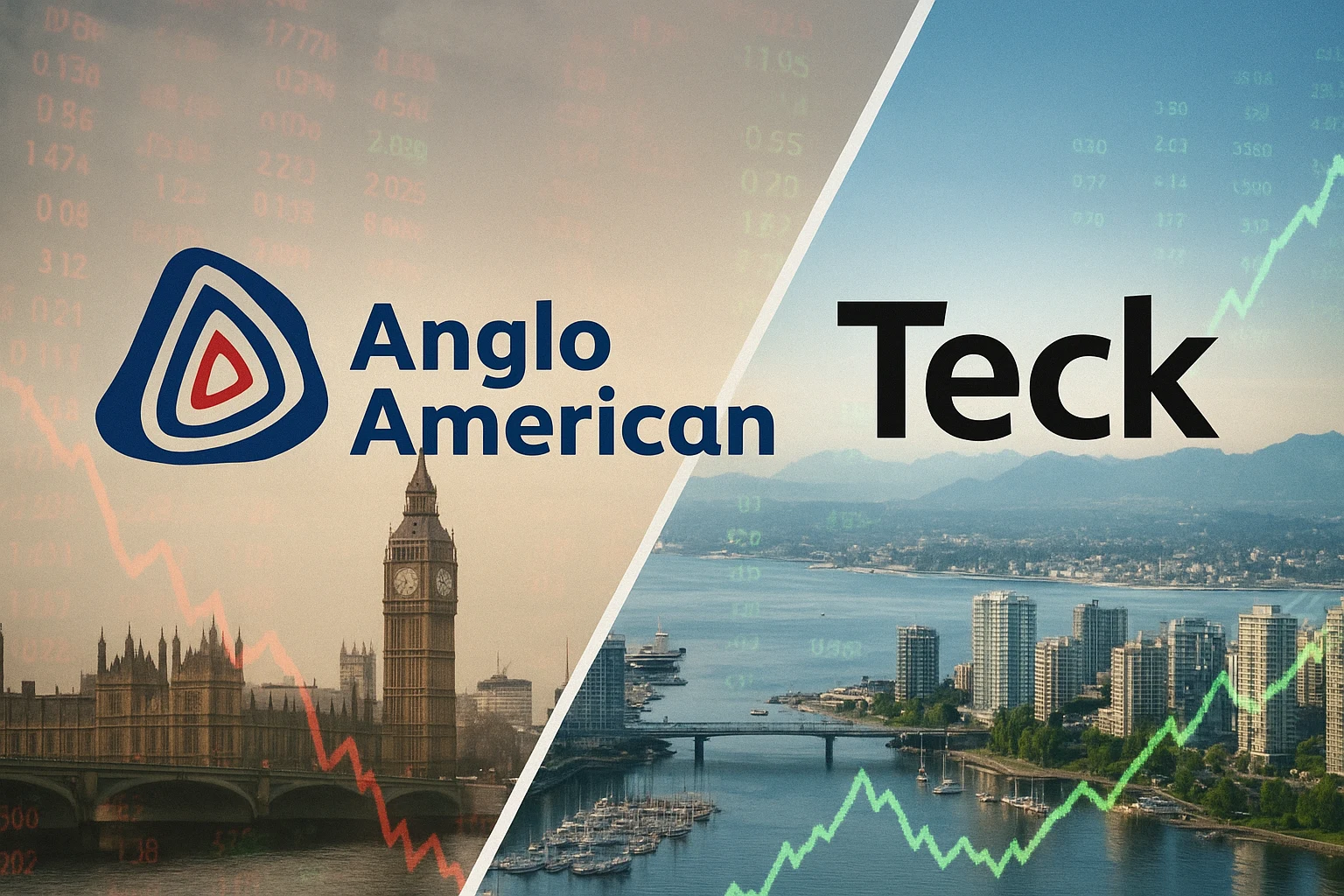 Montaje fotográfico con los logos de Anglo American y Teck Resources y una bandera de Canadá, simbolizando la fusión.