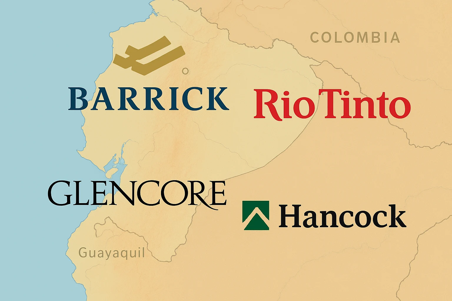 Logotipos de Barrick Gold, Glencore, Río Tinto y Hancock, las empresas mineras internacionales interesadas en Ecuador.
