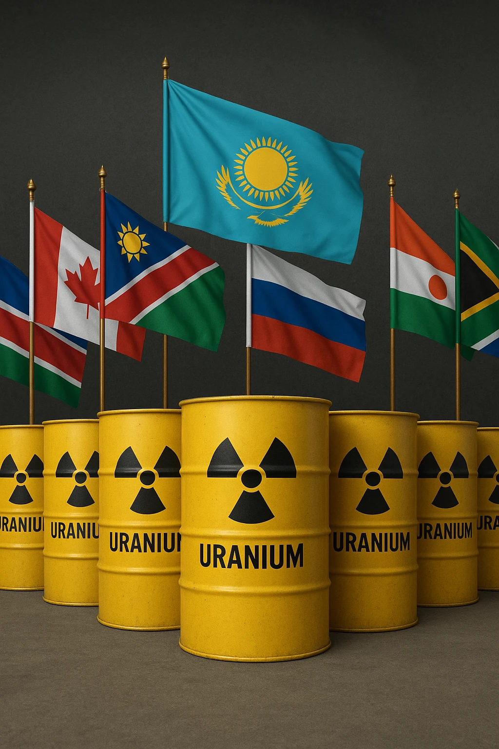 Imagen de tarros de uranio con las banderas de los países productores de uranio resaltados