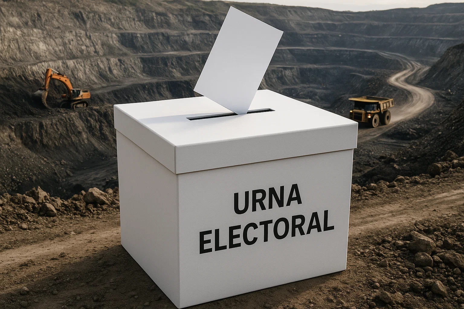 Urna electoral y mina, ilustrando el impacto electoral en la minería argentina.