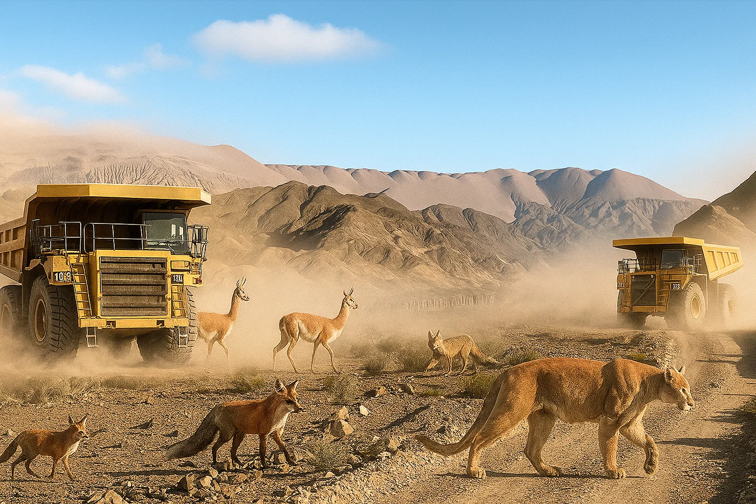 Guanacos, pumas y zorros en el hábitat natural del Parque Nacional San Guillermo cercados por camiones mineros y polvo del camino
