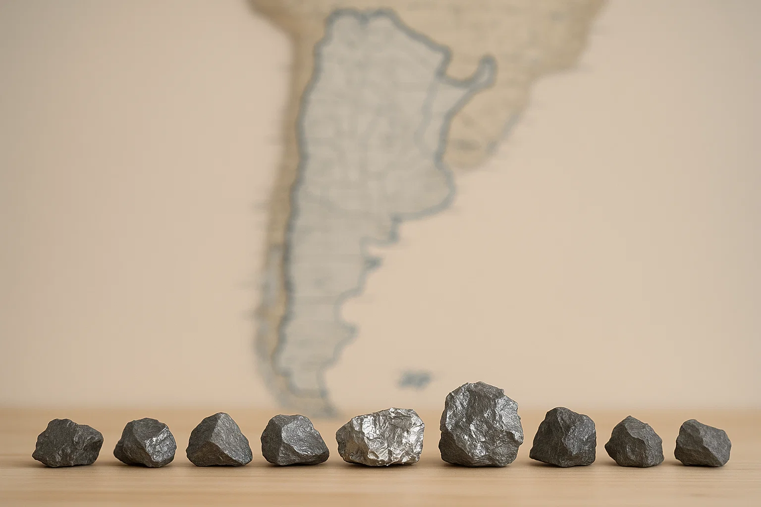 Mapa de Argentina de fondo. Delante rocas con minerales raros