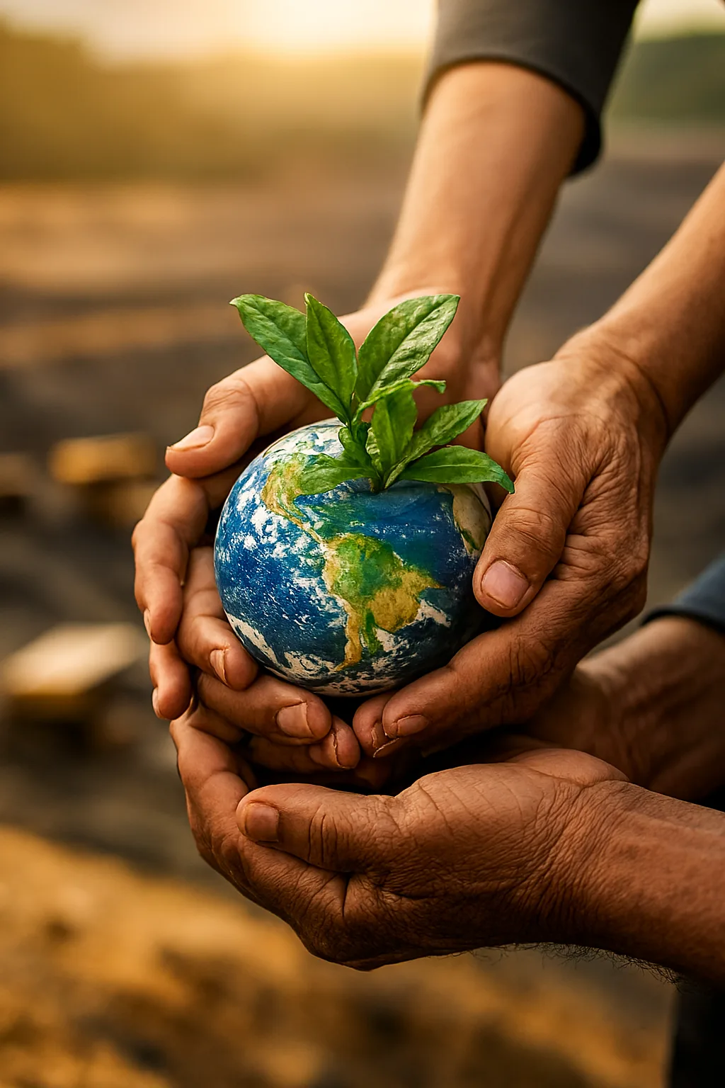 Manos unidas tomando el mundo, simbolizando el cuidado del medio ambiente.