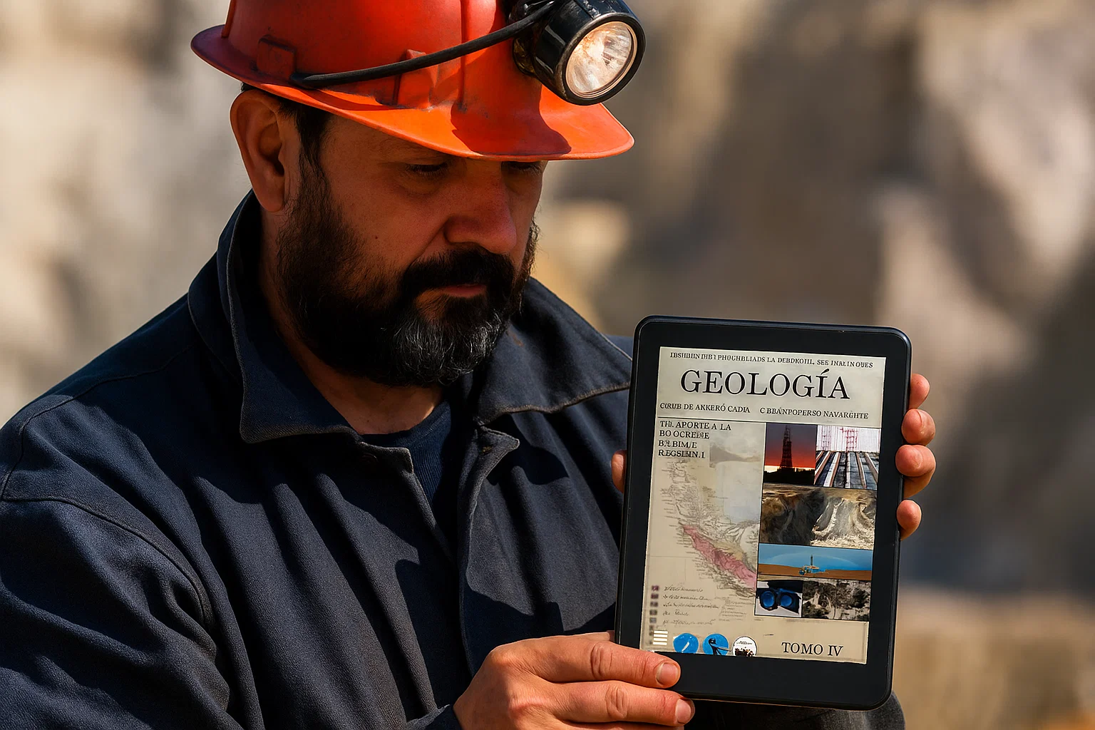 Profesional de la minería consultando la enciclopedia de geología en una tablet en un yacimiento.