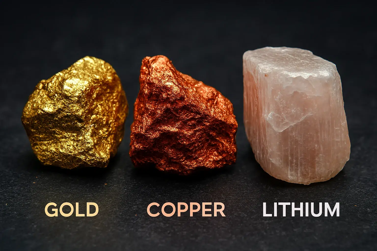 Muestras de oro, cobre y litio, metales estratégicos en minería.