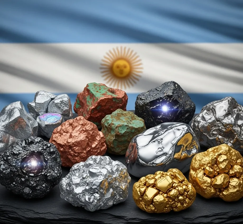 Imagenes de oro, plata, litio, uranio y cobre, delante de una bandera de Argentina