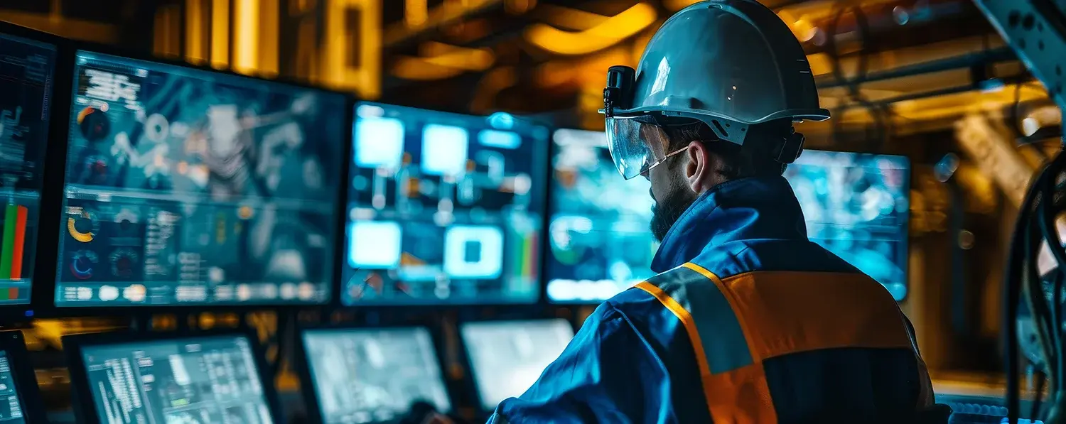  Ingeniero minero utilizando una interfaz de inteligencia artificial en una sala de control de operaciones.