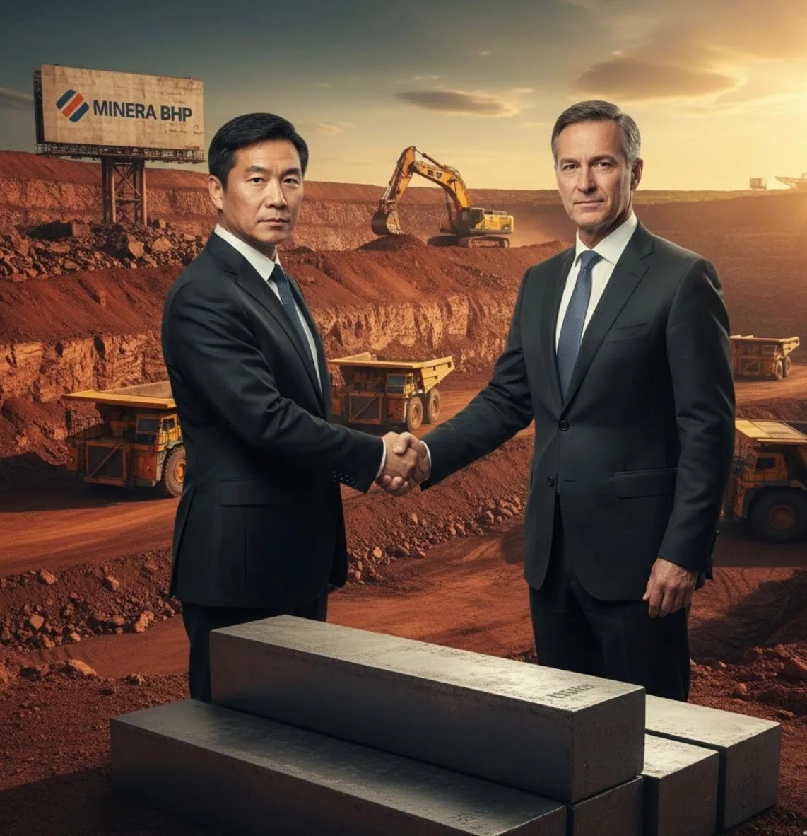 Montaje fotográfico que simboliza la alianza comercial entre BHP de Australia y China, destacando el uso del yuan.