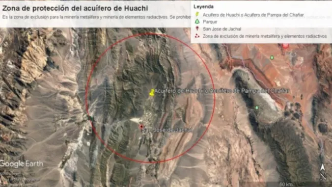  Mapa satelital que muestra la delimitación del área de protección del acuífero de Huachi en Jáchal, San Juan.