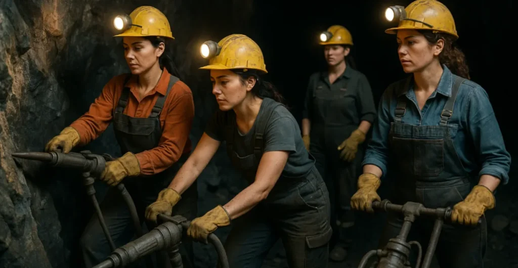 mujeres mineras en una mina. Contenido Original de ACERO Y ROCA - Prohibida su reproducción