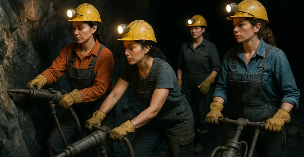 Mujeres trabajando en la industria minera, símbolo del crecimiento del empleo femenino.