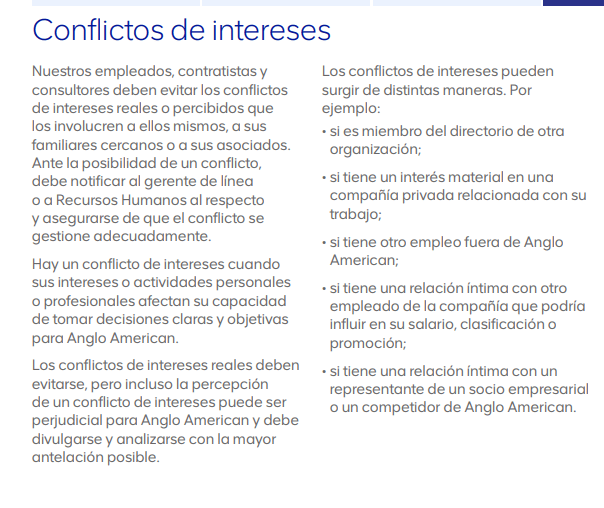 Captura de pantalla del Apartado Conflicto de Intereses de Anglo American