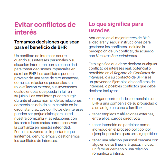 Captura de pantalla del Apartado Conflicto de Intereses de BHP