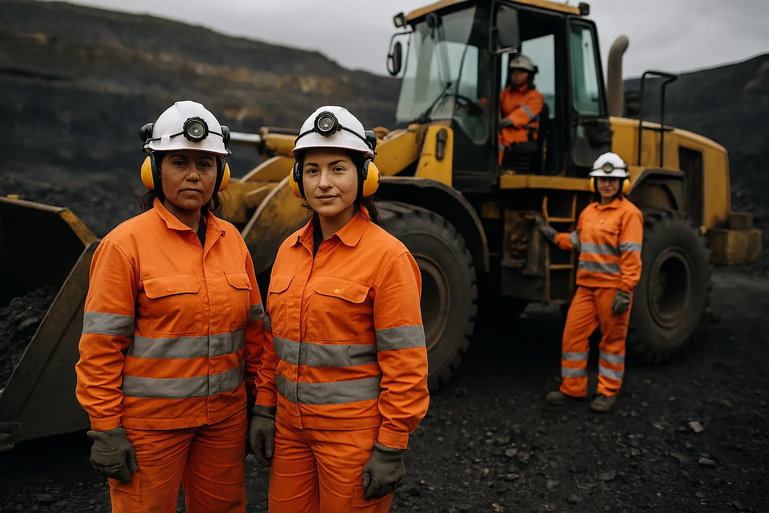 Grupo de mujeres profesionales trabajando en un entorno minero simbolizando el rol femenino.