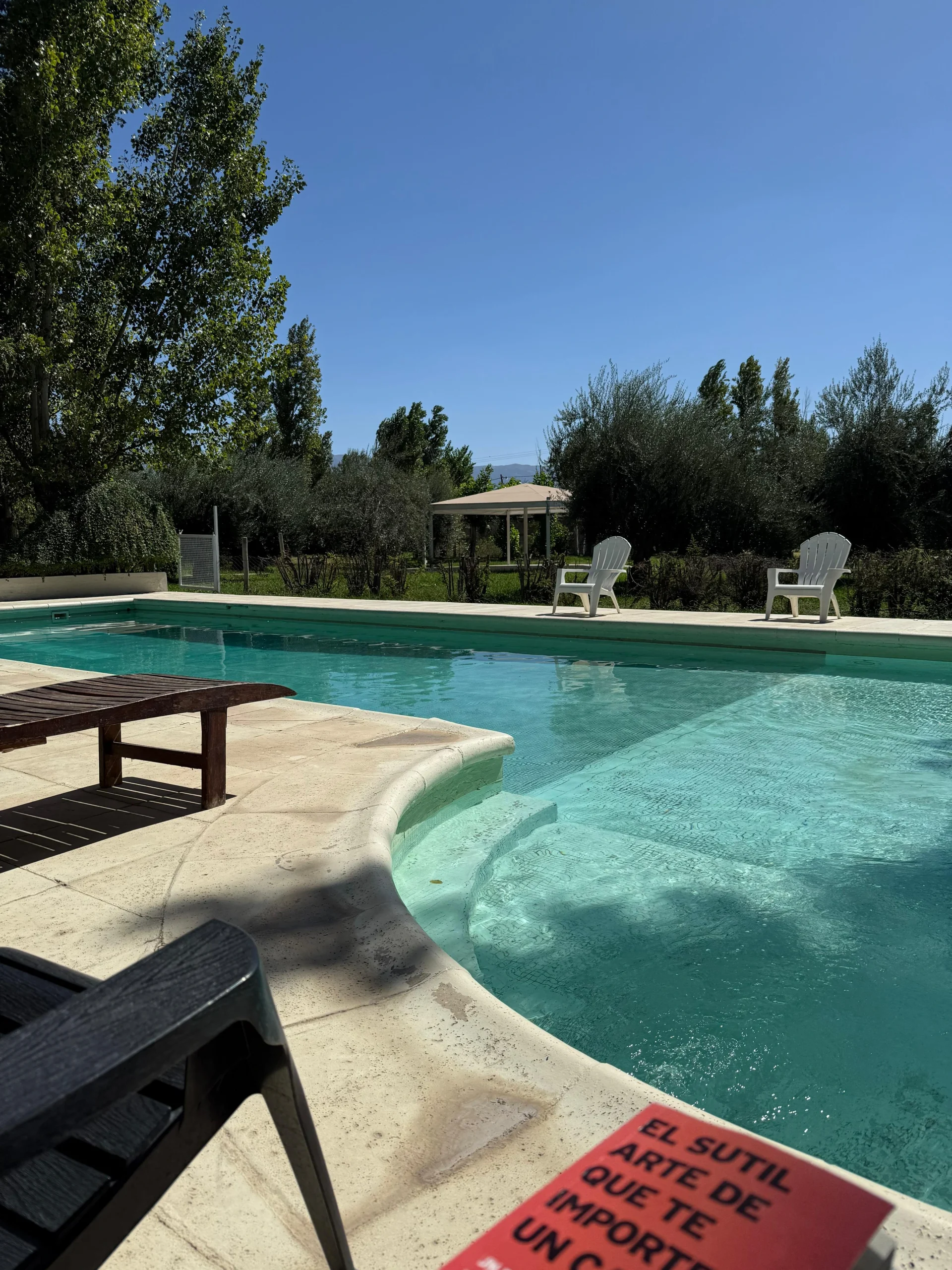Vista de la pileta y la zona para tomar sol del apart hotel Olivos del Sol