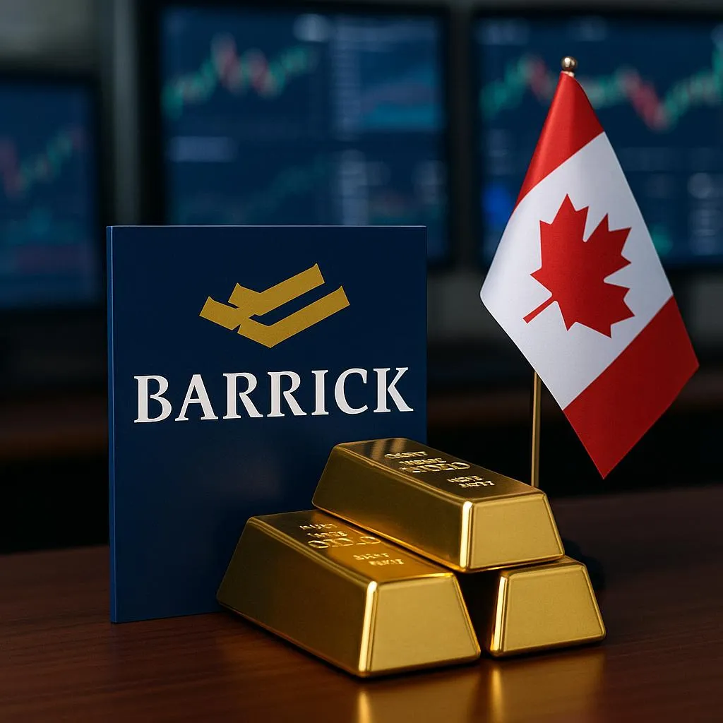 Logo de Barrick con una bandera canadiense y lingotes de oro.