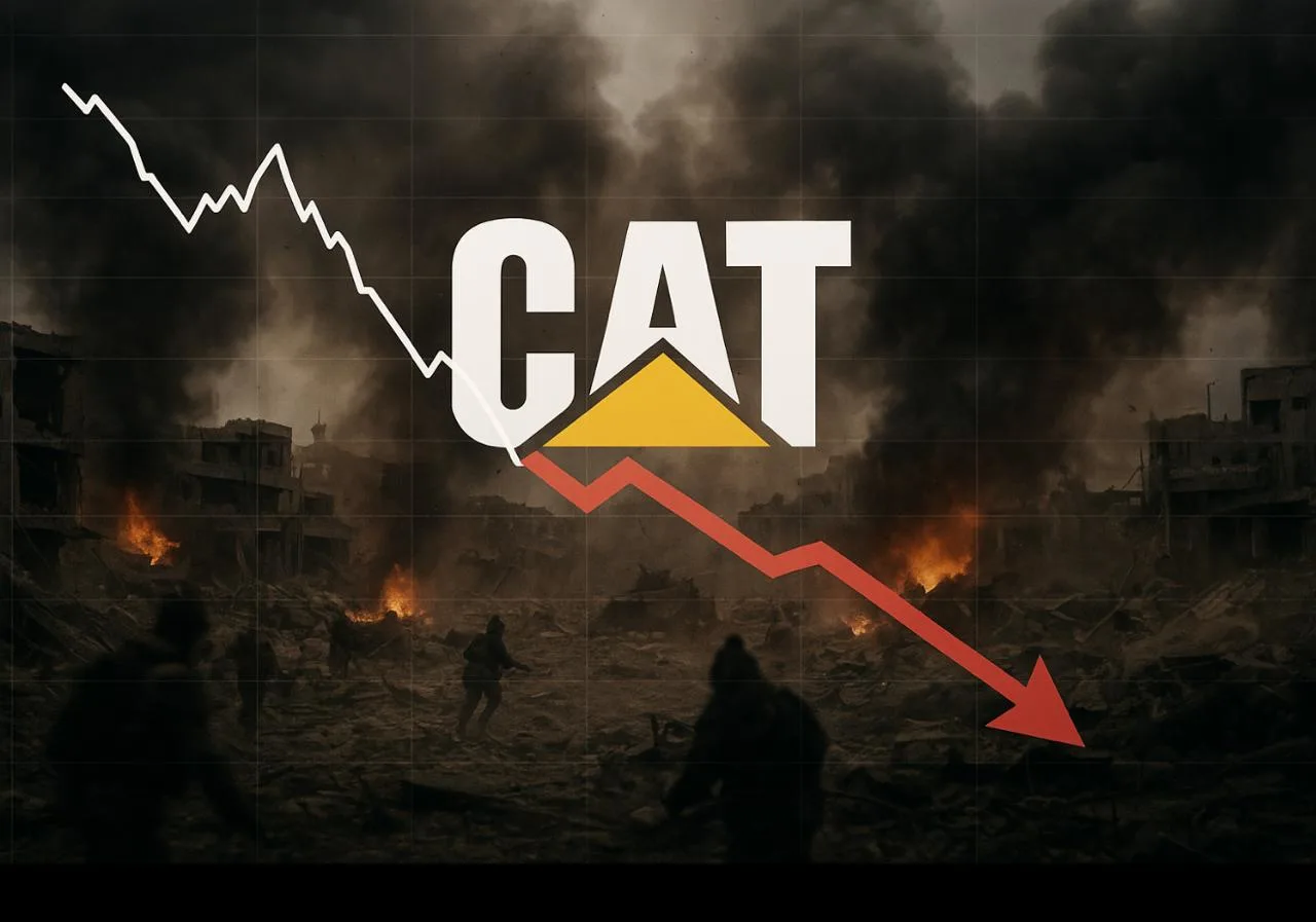 Gráfico financiero en una pantalla digital mostrando la caída de las acciones de Caterpillar (CAT) con indicadores en rojo.