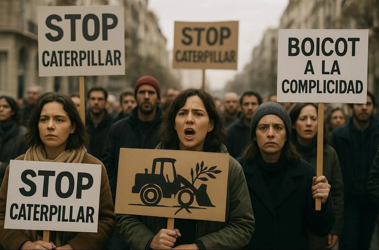 Manifestantes sosteniendo pancartas que piden el boicot a Caterpillar frente a una de sus sedes corporativas.