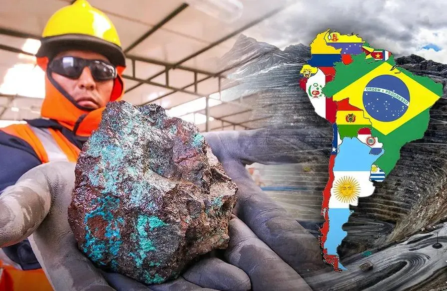 Mapa de América Latina con las principales regiones mineras de cobre y litio destacadas, mostrando a Argentina y Chile como centros de inversión.