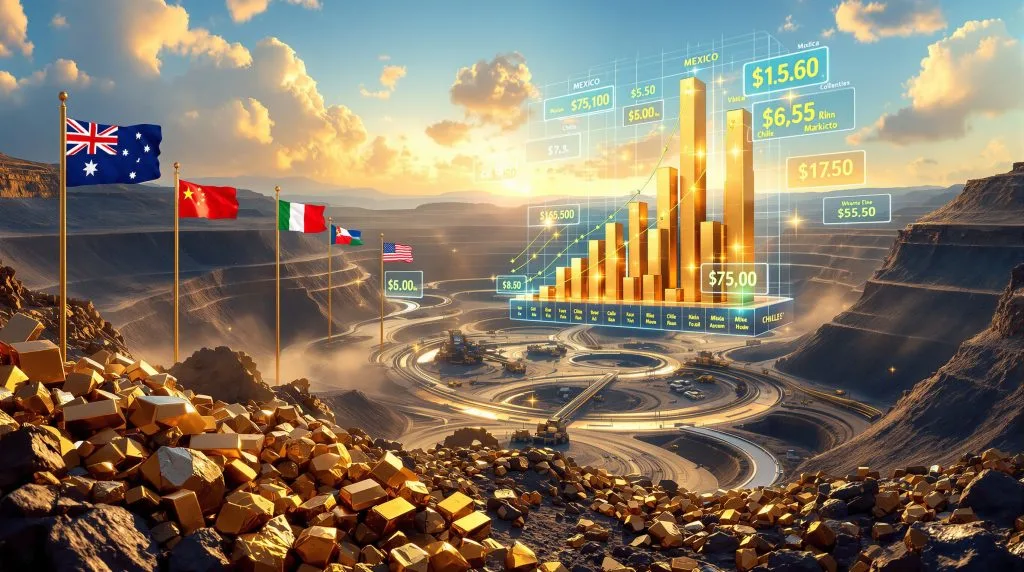 Gráfico bursátil mostrando el crecimiento del valor de las 50 principales compañías mineras globales, con logos de BHP, Rio Tinto y Zijin.