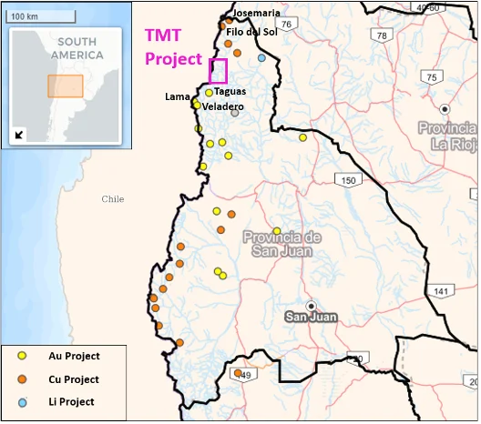  Mapa de San Juan mostrando la distribución de proyectos mineros de oro, litio y cobre, con énfasis en la zona de TMT.