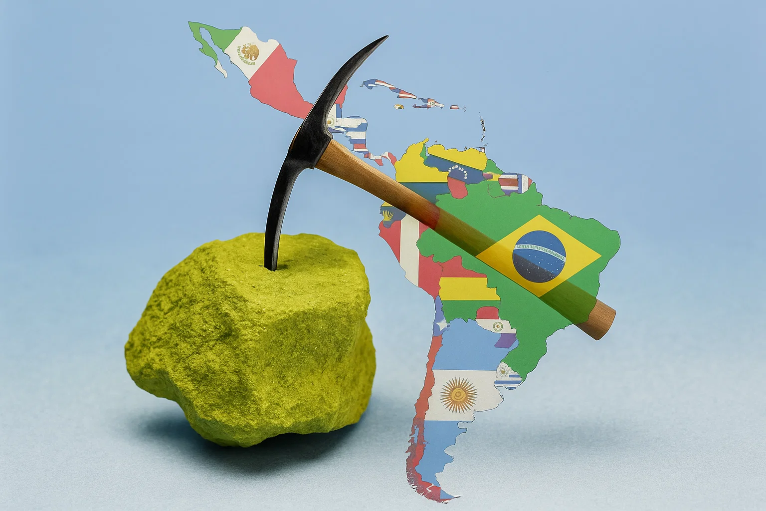Imagen representativa de América Latina sobre una imagen de un pico y una roca, simbolizando la minería 