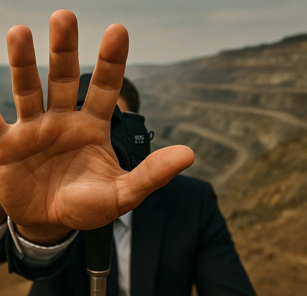  Ilustración conceptual del Mining Silence: una mano gigante silenciando a medios de comunicación frente a una operación minera a cielo abierto.