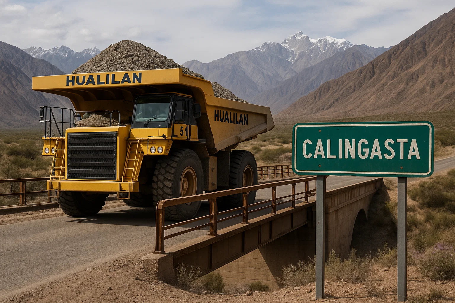 Imagen representativa de un camión batea atravesando un puente angosto en Calingasta