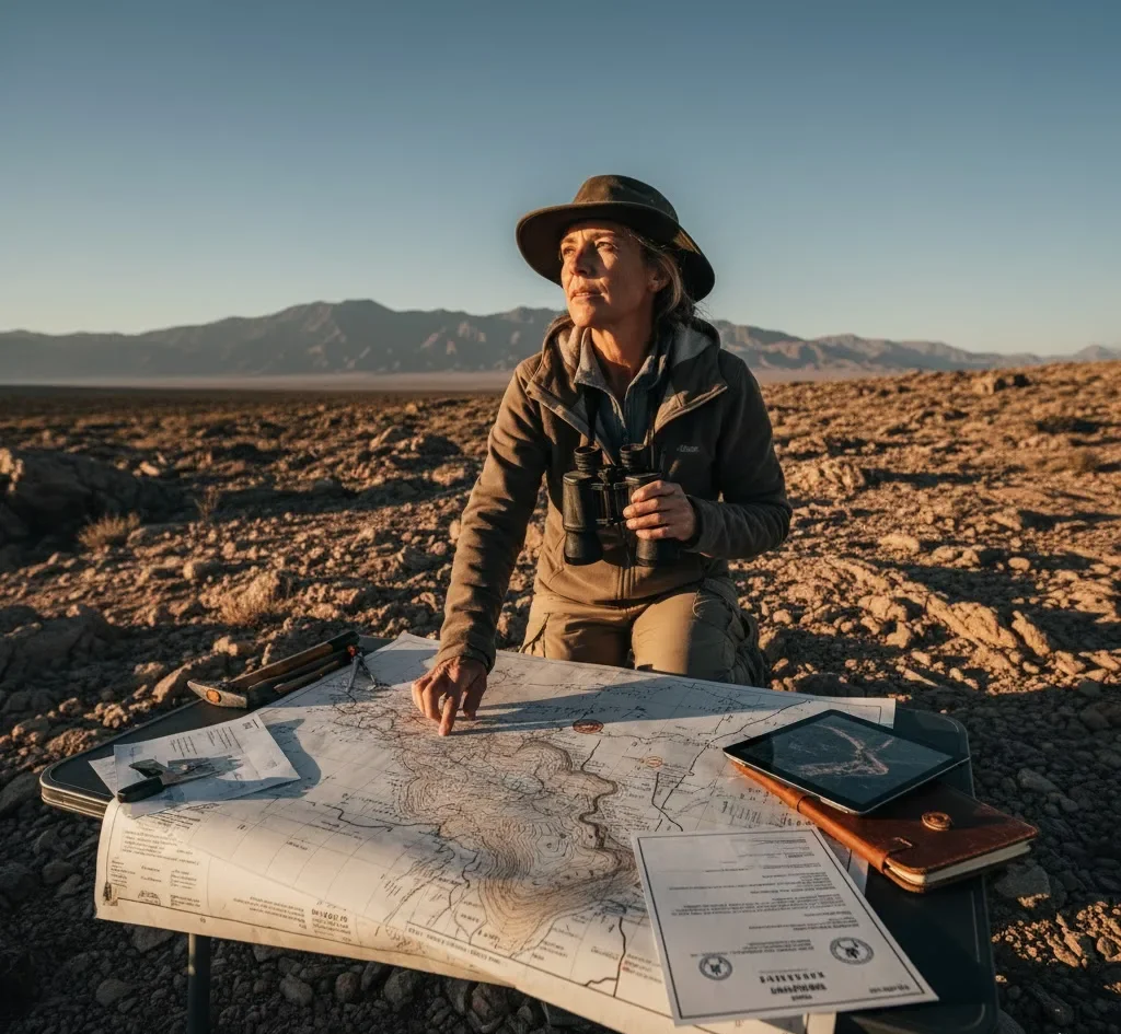 Imagen representativa de una geóloga con un mapa y un documento de cateo en el suelo.